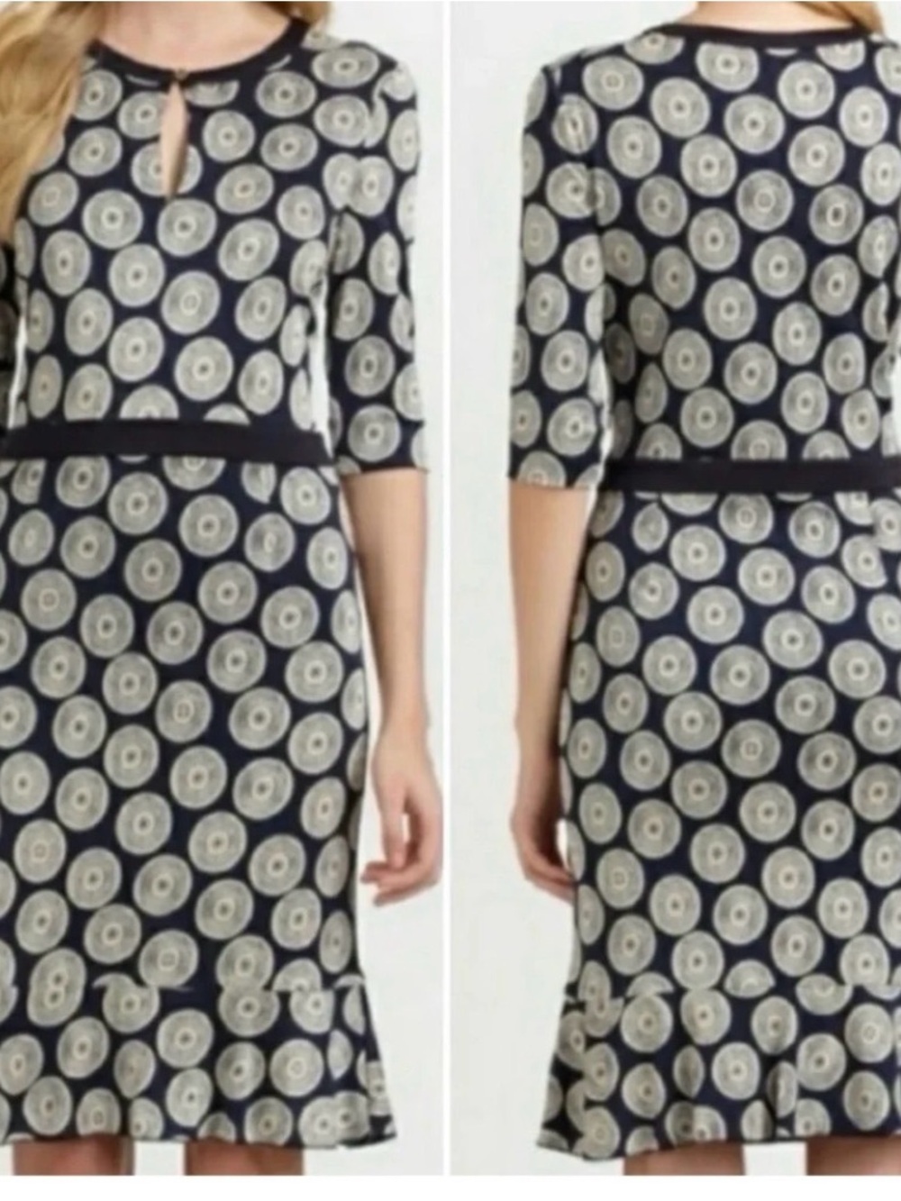 Tory Burch Navy and Ivory Circular-Print Midi Dress